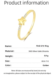 Detailed specs of S925 sterling silver star ring with cubic zirconia in gold finish