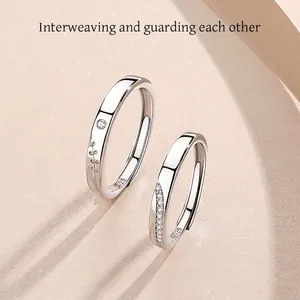 S925 Sterling Silver Intertwined Couple Rings Rhinestone Adjustable Open Ring Minimalist Fashion Wedding Jewelry For Lovers