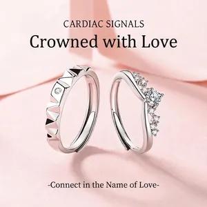 925 Sterling Silver Couple Rings Set Adjustable Open Crown Geometric Rings For Lovers Zirconia Inlaid Romantic Fashion Jewelry