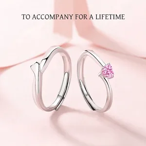 Bagues de couple romantiques en argent 925 avec pierre rose en cœur et anneau réglable