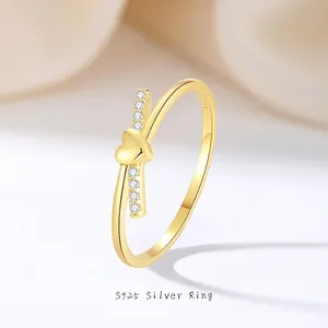 925 Sterling Silver Heart Ring For Women Minimalist Gold Plated Geometric Zirconia Inlaid Stackable Fashion Ring Jewelry Gift