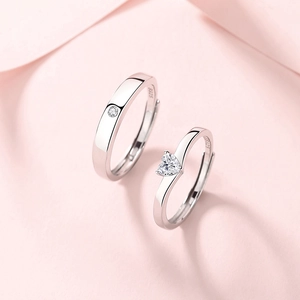 Adjustable S925 sterling silver couple rings with heart and round cubic zirconia stones