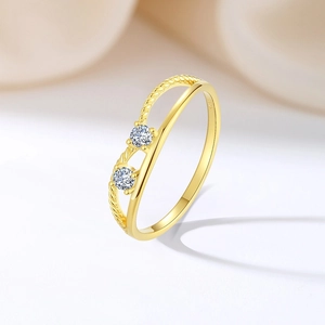 Irregular double-layer S925 silver gold-plated ring with twisted band and clear zircons