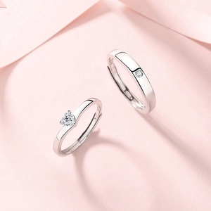 Minimalist S925 sterling silver adjustable couple rings set with heart-shaped zircon