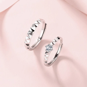 Bagues de couple réglables en argent 925 avec facettes géométriques et pierre zircon