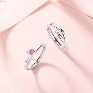 S925 sterling silver adjustable couple rings featuring heart-shaped pink zircon stones