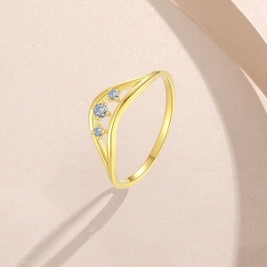 S925 sterling silver gold wave ring with three sparkling white zircons for women