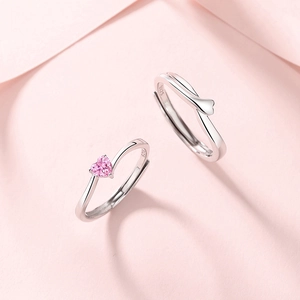 Anelli di coppia regolabili in argento S925 con zircone a cuore rosa per regali romantici