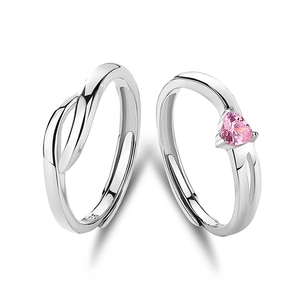 S925 sterling silver couple ring set with pink heart stone and adjustable open design