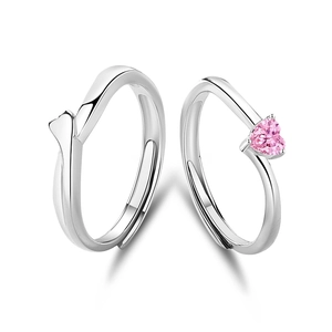 Anelli di coppia romantici in argento S925 con zircone cuore rosa e fascia regolabile