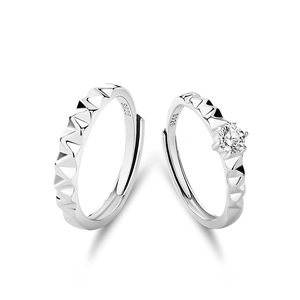 Bagues de couple réglables en argent 925 avec texture géométrique et pierre solitaire