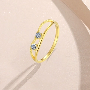 Irregular double-layer S925 silver ring with twist band and two sparkling zircons