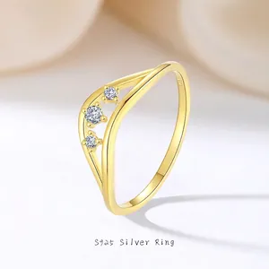 S925 Sterling Silver Wave Ring For Women Gold Plated Simple Irregular Curved Band With Rhinestone Fashion Commute Jewelry Finger Ring
