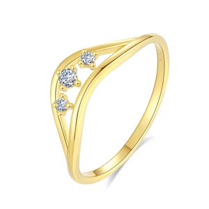 Elegant S925 sterling silver gold-plated wavy ring with three bright zircon stones