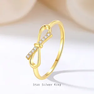 Bague Nœud en Argent Sterling S925 pour Femme Plaquée Or Avec Zirconia Incrusté Bague Nœud Délicate Bijoux de Mode