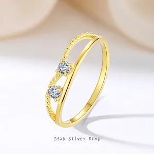 Minimalist Double Layer Twist Ring 925 Sterling Silver 18K Gold Plated Zircon Inlaid Geometric Finger Ring Women Jewelry