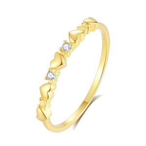 S925 sterling silver heart-shaped stacking ring in gold finish with white zircon stones