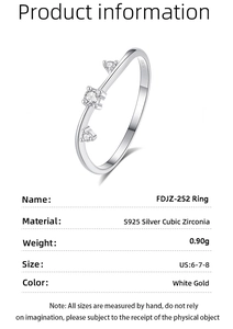 Detail showing S925 silver ring with three round cubic zirconia and product specifications