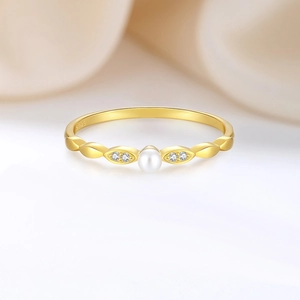Vintage S925 silver gold ring with pearl and diamonds in minimalist bamboo joint design