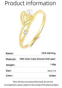 S925 silver ring featuring a golden fishtail design with shell pearl and S925 hallmark