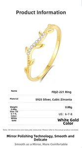 Detail view of gold-plated S925 sterling silver leaf ring with cubic zirconia and S925 stamp