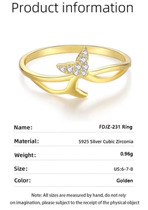 Détail macro de la bague queue de poisson en argent S925 avec zircons et les spécifications