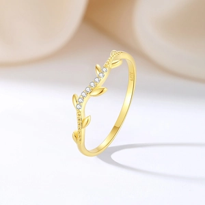Minimalist S925 sterling silver leaf ring with gold plating and zircon inlay for women