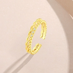 Bague double couche minimaliste en argent S925 plaqué or avec des pierres zircons