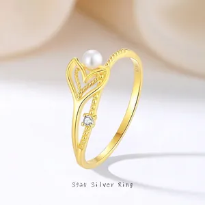 Elegant S925 Sterling Silver Fish Tail Shell Artificial Pearl Ring Cubic Zirconia Inlaid 18K Gold Plated Stacking Ring For Women Jewelry