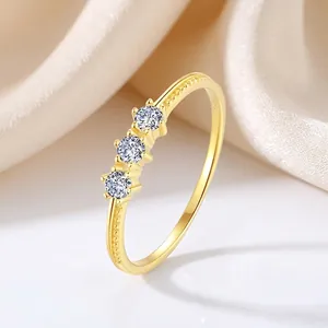 S925 Sterling Silver Ring 18K Gold Plated Minimalist Three Zircon Stones Inlaid Elegant Stackable Finger Ring For Women Party Daily Jewelry