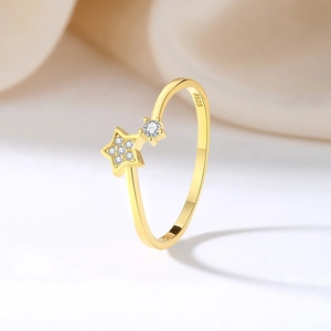 S925 sterling silver open star ring with gold plating and sparkling zircon stones