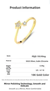 Detail view of S925 sterling silver star ring with gold plating and cubic zirconia