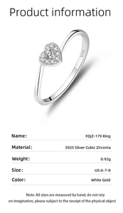 Detailed view of S925 silver heart ring with pavé cubic zirconia and size specifications