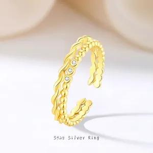 Bague Double Couche en Argent Sterling 925 Plaqué Or de Luxe Minimaliste Réglable avec Zircone Incrusté Bague de Doigt Superposable Bijoux Femme