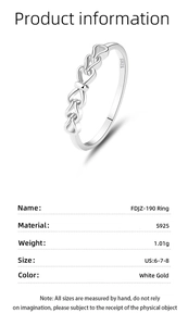 Macro detail of S925 sterling silver infinity ring band with size and weight info