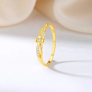 S925 sterling silver gold flower ring with micro-paved diamonds and braided rope band