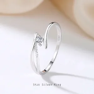 Minimalist S925 Sterling Silver Bypass Ring With Cubic Zirconia Dainty Twist Adjustable Open Band Ring For Women Fine Jewelry