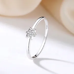 Minimalist 925 Sterling Silver Star Ring Sparkling Cubic Zirconia Pave Inlaid Adjustable Finger Jewelry For Women