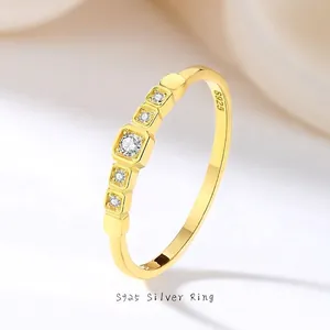 S925 Sterling Silver Square Geometric Ring 18K Gold Plated Cubic Zirconia Inlaid Finger Ring For Women Daily Jewelry