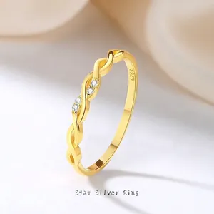 S925 Sterling Silver Ring Gold Plated Twist Braided Minimalist Stackable Ring For Women Cubic Zirconia Daily Jewelry