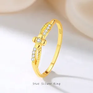 S925 Sterling Silver Flower Ring 18K Gold Plated Cubic Zirconia Minimalist Stackable Band Jewelry For Women Party Daily Wear