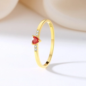 S925 silver stackable gold ring with heart-shaped red zircon and white diamonds