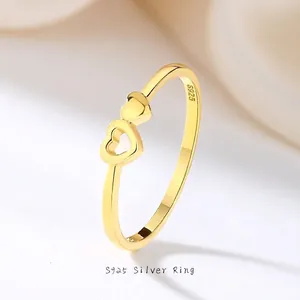 S925 Sterling Silver Double Heart Ring 18K Gold Plated Zirconia Minimalist Stackable Finger Ring For Women Jewelry Gift