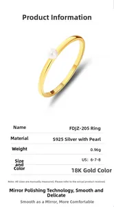 Macro detail of S925 sterling silver pearl ring showing 18K gold plated specs and sizes