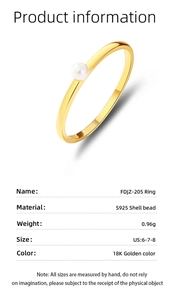 Detailed spec sheet for S925 silver shell pearl ring in 18K gold finish, size US 6-8