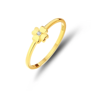 Minimalist gold clover ring with S925 engraving and a central cubic zirconia stone