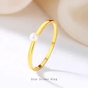 Minimalist 925 Sterling Silver Shell Bead Ring 18K Gold Plated Geometric Thin Circle Finger Ring Jewelry For Women Girls Daily Dating Gift