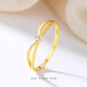 Minimalist S925 Sterling Silver Gold Plated Geometric Ring For Women Elegant Zirconia Inlaid Stackable Twisted Finger Ring Jewelry