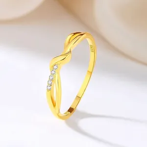S925 Sterling Silver Irregular Twist Line Ring For Women Minimalist Gold Plated Rhinestone Stacking Ring Jewelry Elegant Finger Band