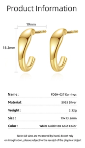 Détail des boucles d'oreilles C en argent S925 plaqué or 18K avec dimensions 19x13,2 mm